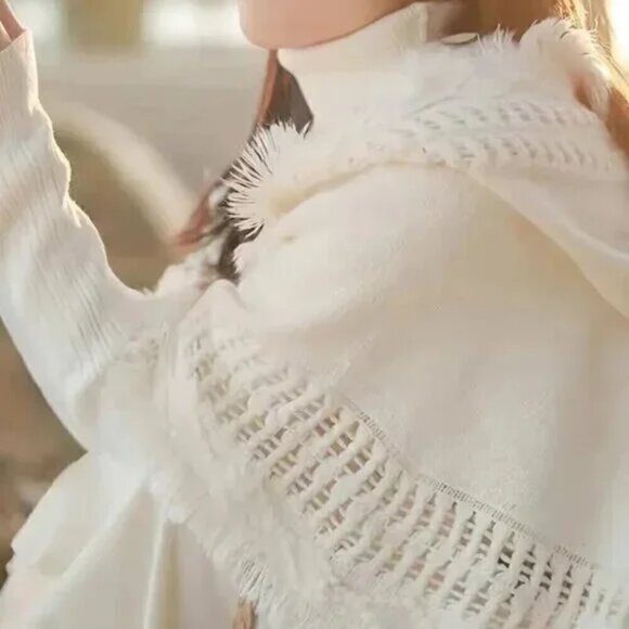 Button Side Hooded Cape Tassel Trim Angel Poncho Sweater White - Picture 3 of 4
